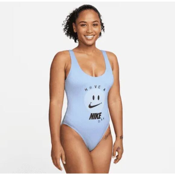 Nike One Piece Light Blue Swimsuit with Smiley Face & Logo Size Large - Picture 1 of 7